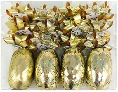 Anděl Přerov Sada na balení dárků zlatá, rozeta 5 x 2 x 5 cm 12 ks, stuha 0,5 cm x 10 m 4 ks