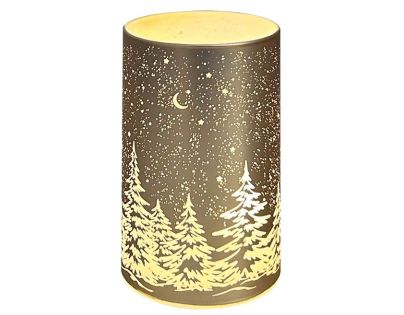 Anděl Přerov Svítící skleněný válec s motivem krajiny zlatý, 12,8 x 7,5 cm, teplá bílá, 10 LED, časovač