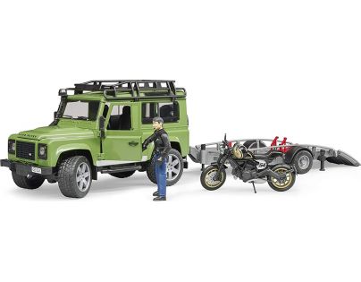 Bruder 02598 Land Rover Station Wagon s přívěsem, Scrambler Ducati Cafe Racer a řidič