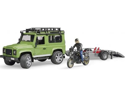 Bruder 02598 Land Rover Station Wagon s přívěsem, Scrambler Ducati Cafe Racer a řidič