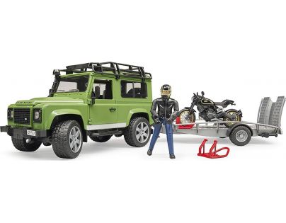 Bruder 02598 Land Rover Station Wagon s přívěsem, Scrambler Ducati Cafe Racer a řidič