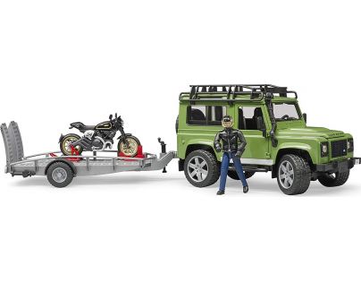 Bruder 02598 Land Rover Station Wagon s přívěsem, Scrambler Ducati Cafe Racer a řidič