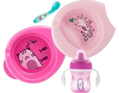 Chicco Jídelní set talíř, lžička a hrnek růžový