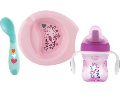Chicco Jídelní set talíř, lžička a hrnek růžový