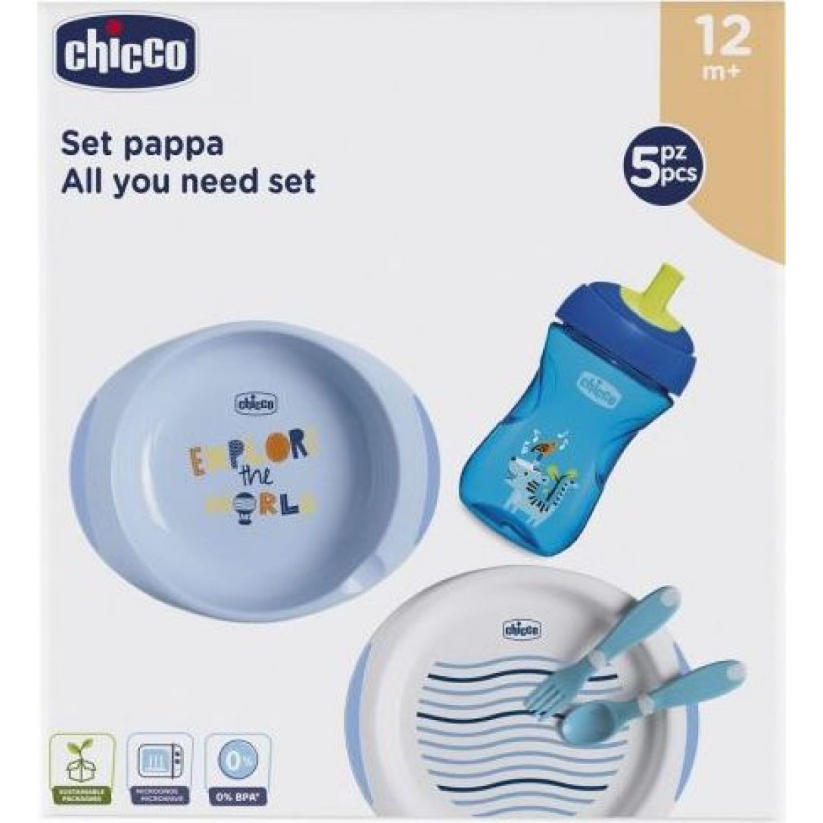 Chicco Jídelní set talíř, příbor a flaška modrý