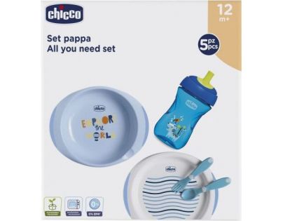 Chicco Jídelní set talíř, příbor a láhev Set modrý