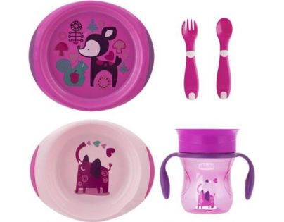Chicco Jídelní set talíř, příbor a hrnek růžový