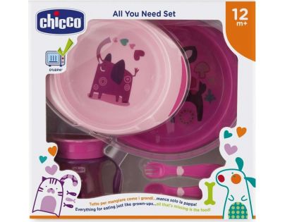 Chicco Jídelní set talíř, příbor a hrnek růžový