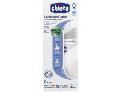 Chicco Láhev Well-Being 150 ml skleněná se silikonovým dudlíkem bílá
