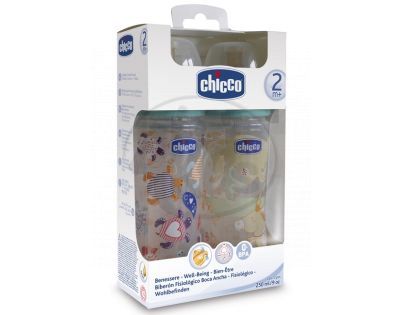 CHICCO 70710 Láhev polypropylen SET 2ks 250ml + kauč. dudlík 2m+