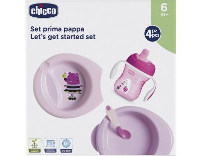 Chicco Set jídelní - talíř, lžička, sklenka - růžový
