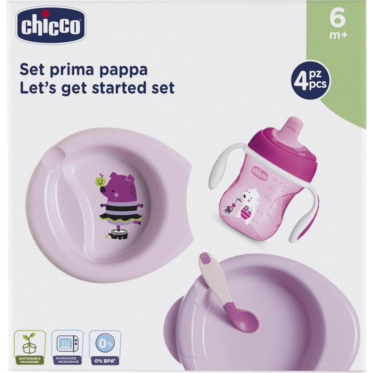 Chicco Set jídelní - talíř, lžička, sklenka - růžový