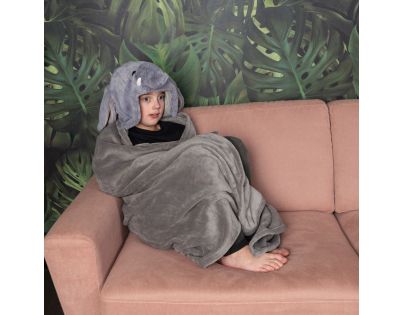 Cozy Noxxiez Slon Hřejivá deka s kapucí se zvířátkem a tlapkovými kapsami 130 x 100 cm