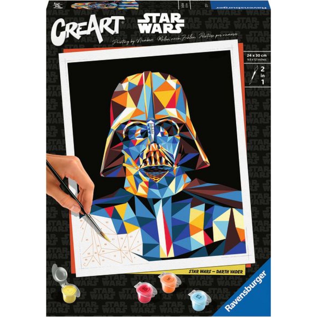 CreArt 237319 Star Wars: Darth Vader.

Po vybarvení a zaschnutí barev mohou děti zarámovat obraz do přichystaného rámečku.

Přednosti:


	rozvíjí představivost
	procvičuje zručnost, zlepšuje koncentraci


Obsah balení:


	vysoce kvalitní pevné plátno s obrazovou předlohou
	na plátně očíslované jednotlivé plochy
	kartonový stojánek pro kelímky s barvami
	sada akrylových barev, štětec, rámeček


Kupte dětem kreativní set s malováním!

Vhodné pro děti od 12 let
Baleno: v papírové krabici