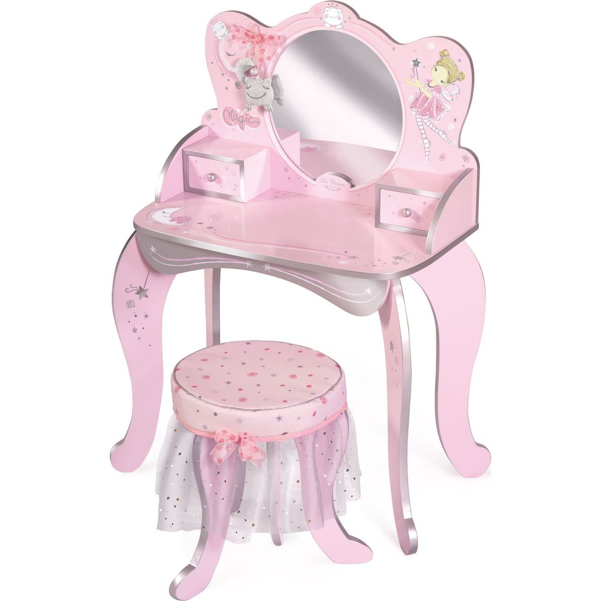 DeCuevas 55534A Dřevěný toaletní stolek se zrcadlem a dřevěnou židličkou Magic Maria