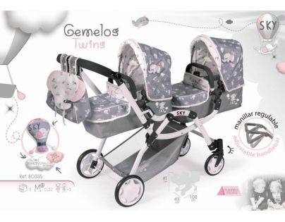 DeCuevas Skládací kočárek pro dvojčata panenky 3 v 1 s batůžkem SKY 2020 - 81 cm