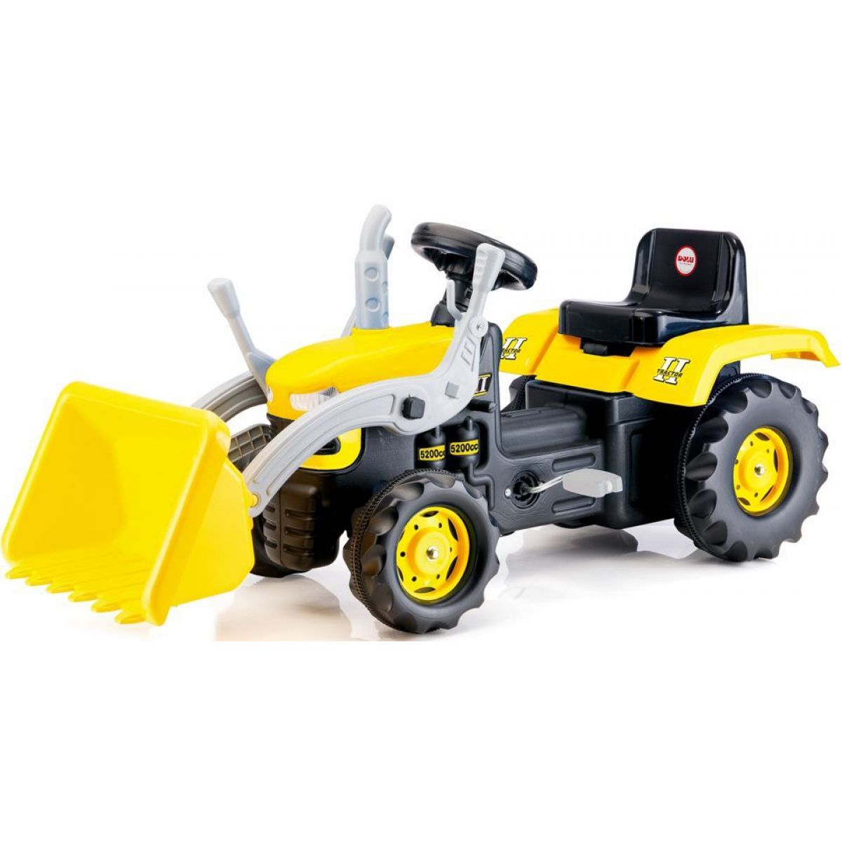 Dolu Velký šlapací traktor s rypadlem, žlutý