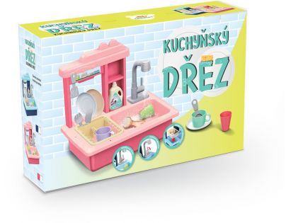 Dřez na mytí nádobí růžový a kohoutek na vodu na baterie