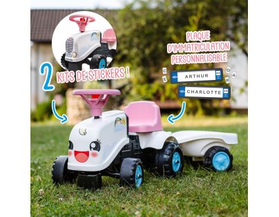 Falk Odstrkovadlo traktor Rainbow bílo růžový s volantem a vlečkou