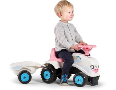 Falk Odstrkovadlo traktor Rainbow bílo růžový s volantem a vlečkou