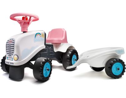 Falk Odstrkovadlo traktor Rainbow bílo růžový s volantem a vlečkou