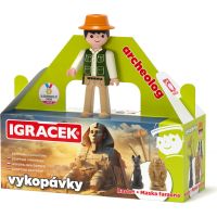 Igráček Archeolog - figurka s egyptskými vykopávkami masky faraona a sošky bohyně Bastet