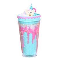 Kelímek s víčkem a brčkem Zmrzlinový Medvídek 480ml modrý