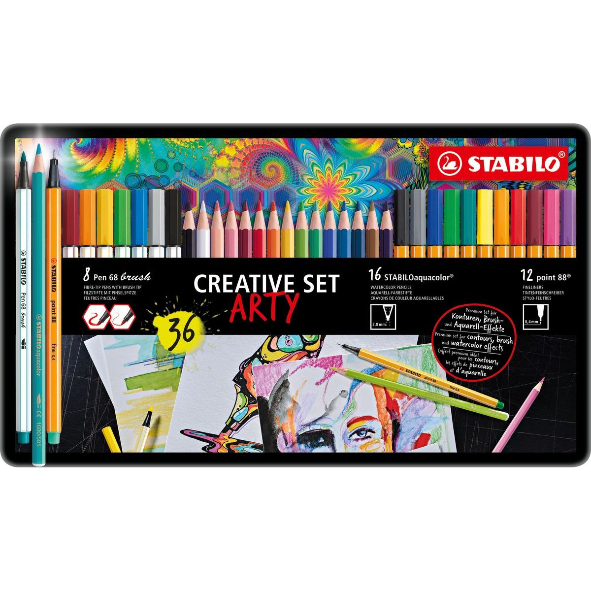 Kreativní sada v kovovém boxu STABILO point 88, Pen 68 brush & aquacolor ARTY 36 ks