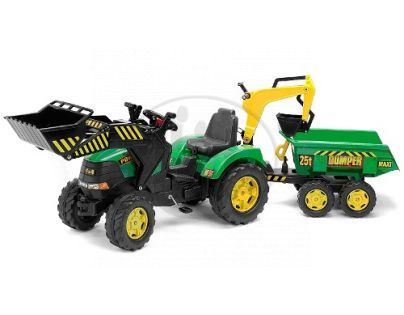 Falk Šlapací traktor Powerloader zelený s přední i zadní lížící a přívěse