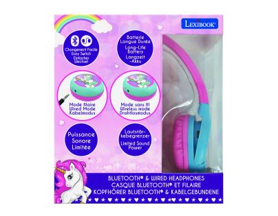 Lexibook 2v1 bluetooth skládací sluchátka Jednorožec s limitem hlasitosti