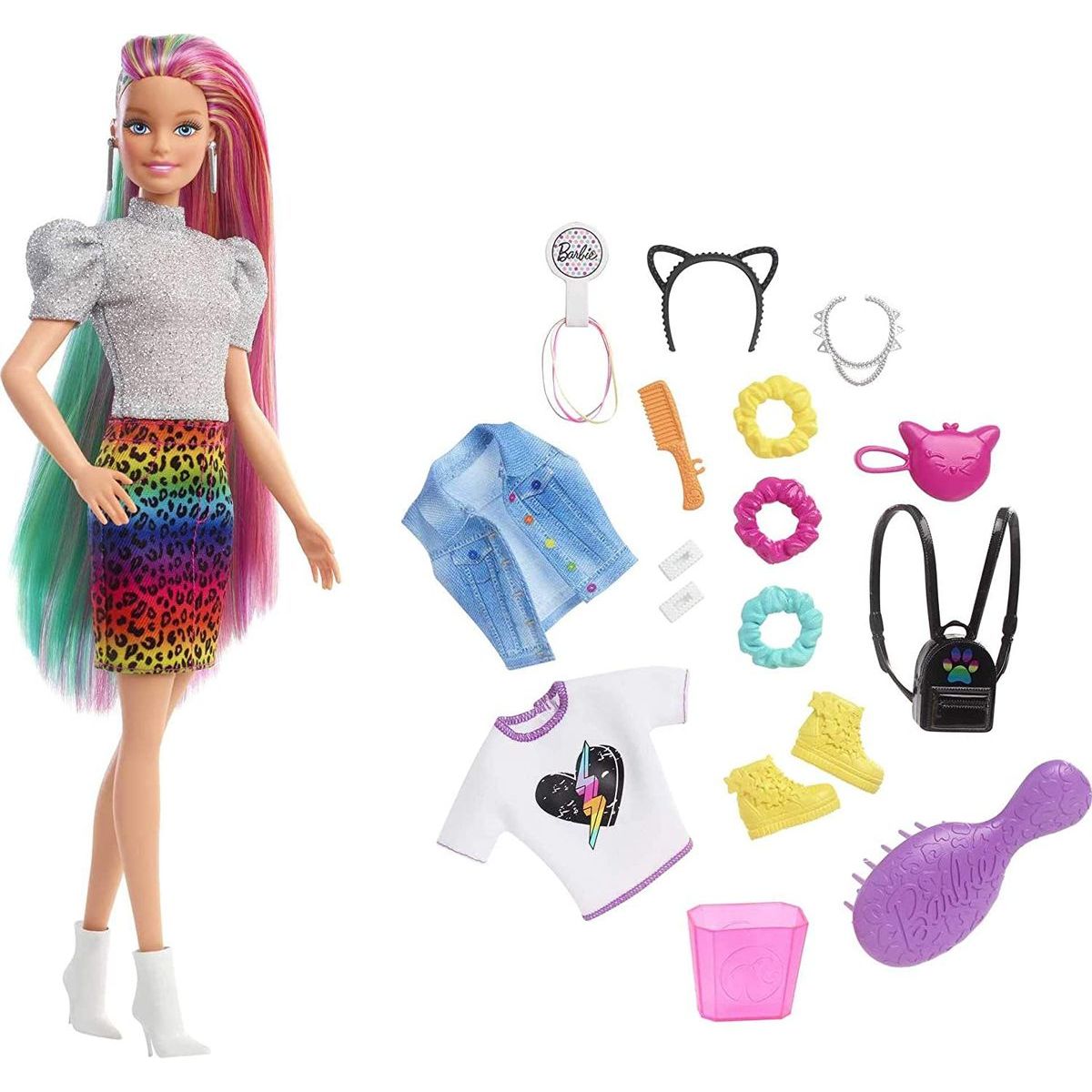 Mattel Barbie Leopardí panenka s duhovými vlasy a doplňky