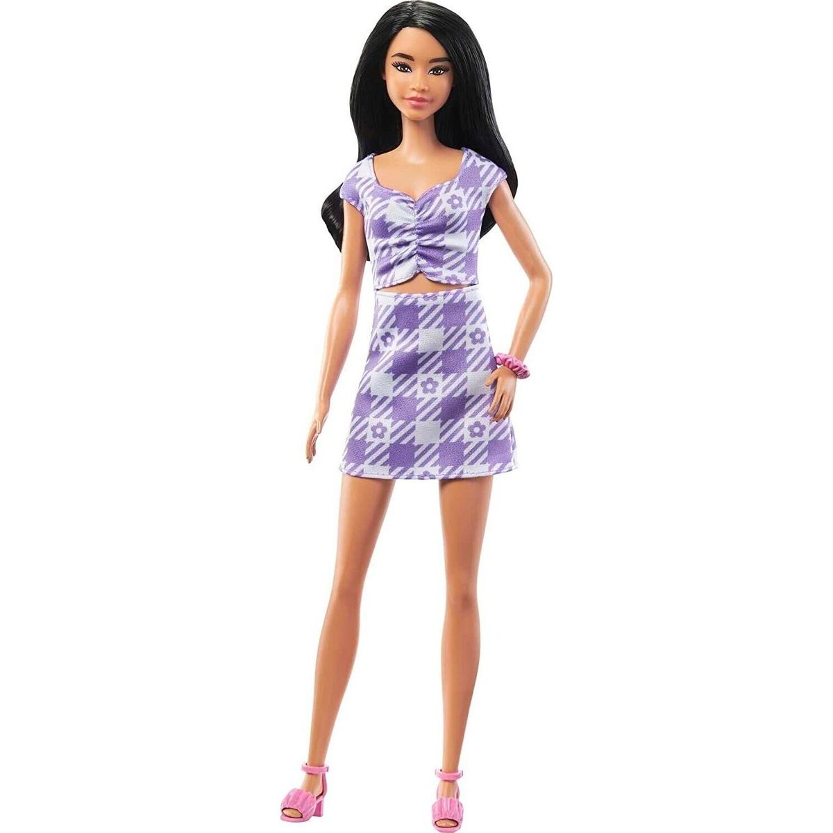 Mattel Barbie modelka fialkové kostkované šaty FBR37