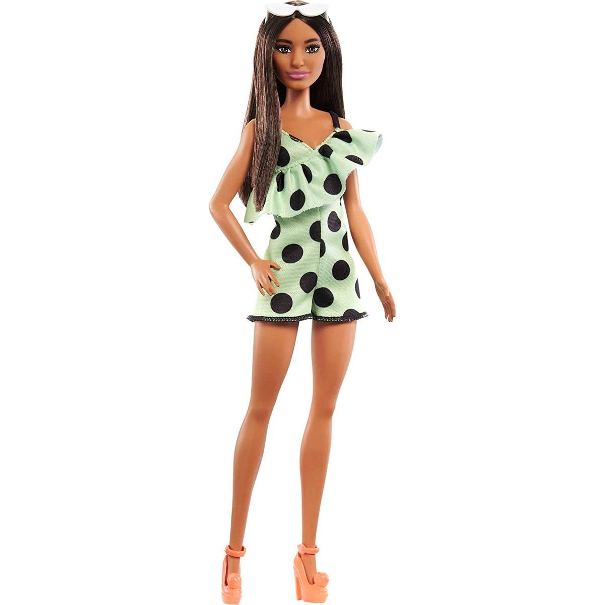 Mattel Barbie modelka limetkové šaty s puntíky FBR37