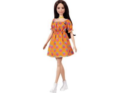 Mattel Barbie modelka oranžové šaty s puntíky