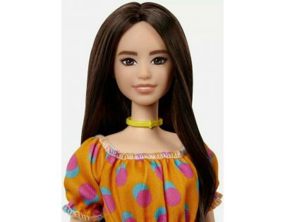 Mattel Barbie modelka oranžové šaty s puntíky