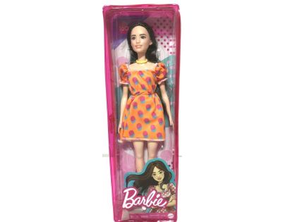 Mattel Barbie modelka oranžové šaty s puntíky