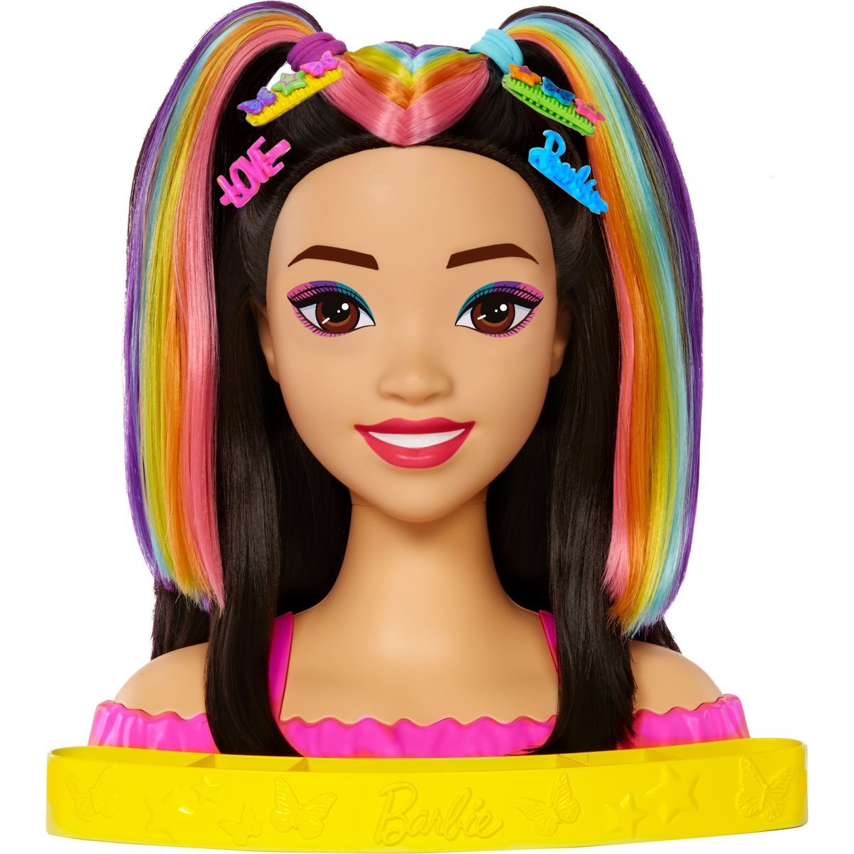 Mattel Barbie neonově duhová česací hlava černovláska HMD81