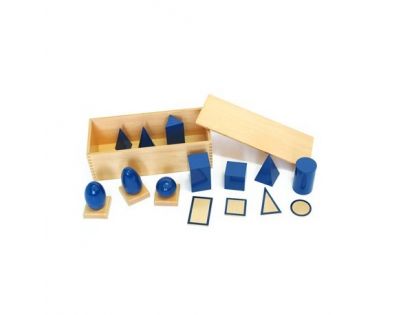 Montessori Geometrická tělesa s podstavci a krabicí