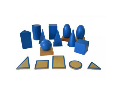 Montessori Geometrická tělesa s podstavci a krabicí