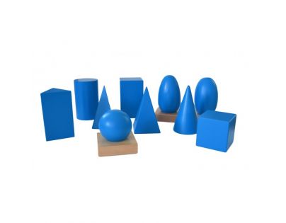 Montessori Geometrická tělesa s podstavci a krabicí