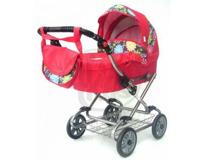 Kočárek pro panenky LILY červený, kytky, šedé