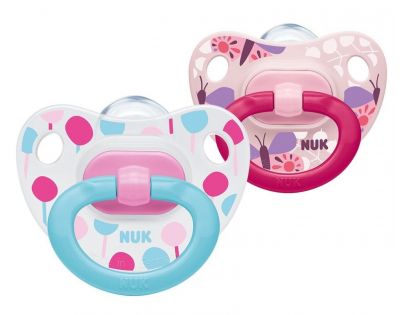 NUK Dudlík Classic Happy Days duo pack, SI, V2 6-18m 2ks Box růžový-zelený úchyt