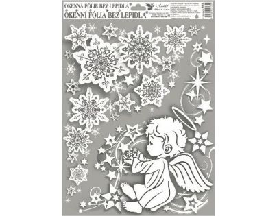 Anděl Okenní fólie rohová andílci s duhovými glitry 38 x 30 cm Andílek vpravo