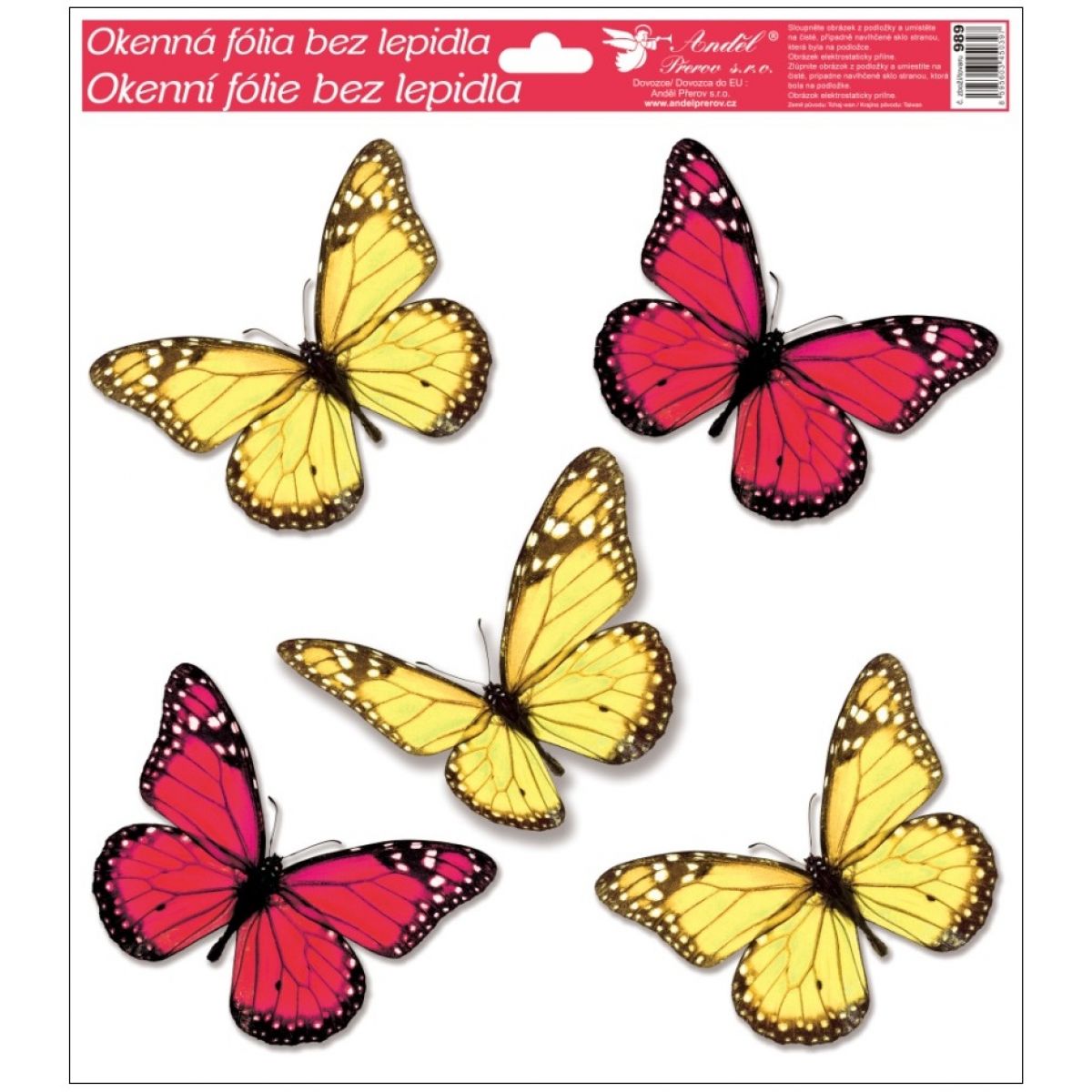 Okenní fólie s glitry motýli 33x30 cm červeno-žluté