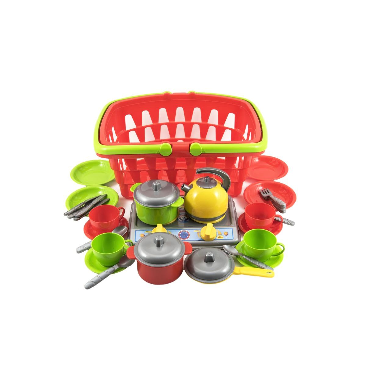 Plastový nákupní košík plast se sadou nádobí a vařičem
