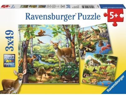 Ravensburger Puzzle Zvířata v Zoo, lese nebo v domě 3 x 49 dílků