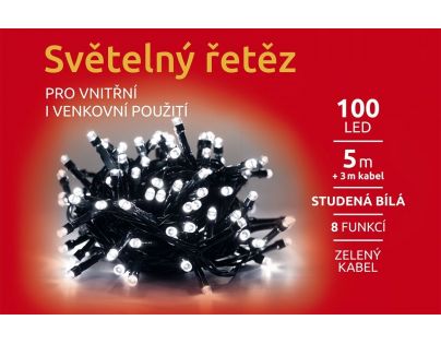 Marimex Řetěz světelný 100 LED 5 m studená bílá zelený kabel 8 funkcí