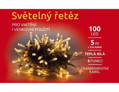 Marimex Řetěz světelný 100 LED 5 m teplá bílá transparent kabel 8 funkcí
