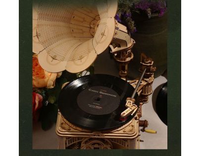 RoboTime 3D dřevěné mechanické puzzle Gramofon elektrický pohon