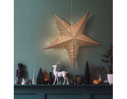 Solight LED dřevěná vánoční hvězda, závěsná, časovač, 20x LED, 65cm, 2x AA